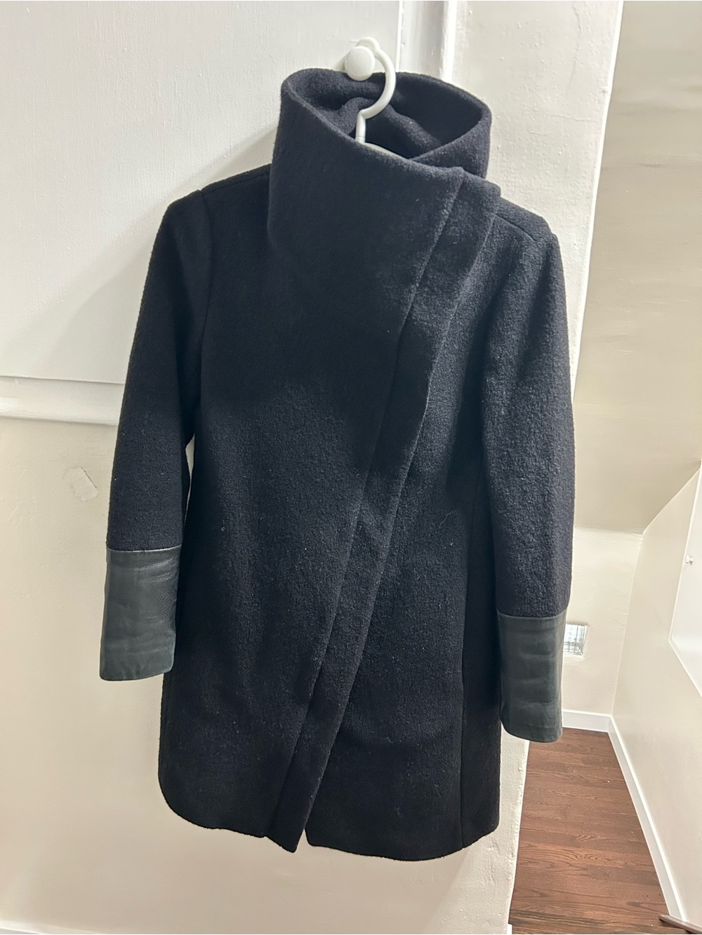 Women's Black Asymmetrical Coat with Leather Cuffs